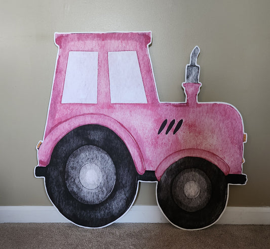 Pink farm tractor, farm animal theme, party prop, cutouts, centerpiece,  backdrop, and party decorations.