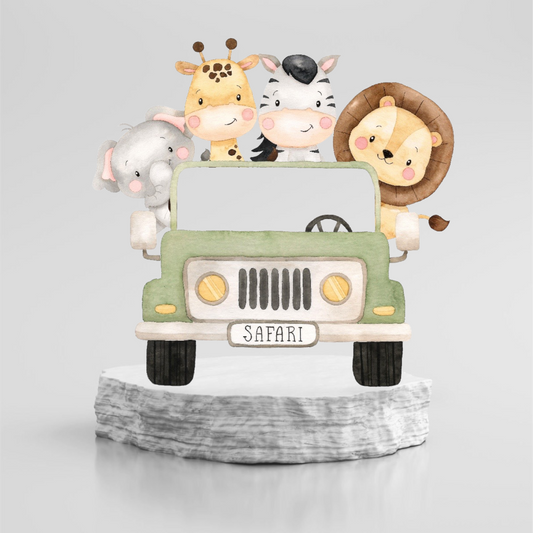 Safari animals and Jeep custom character cutouts.